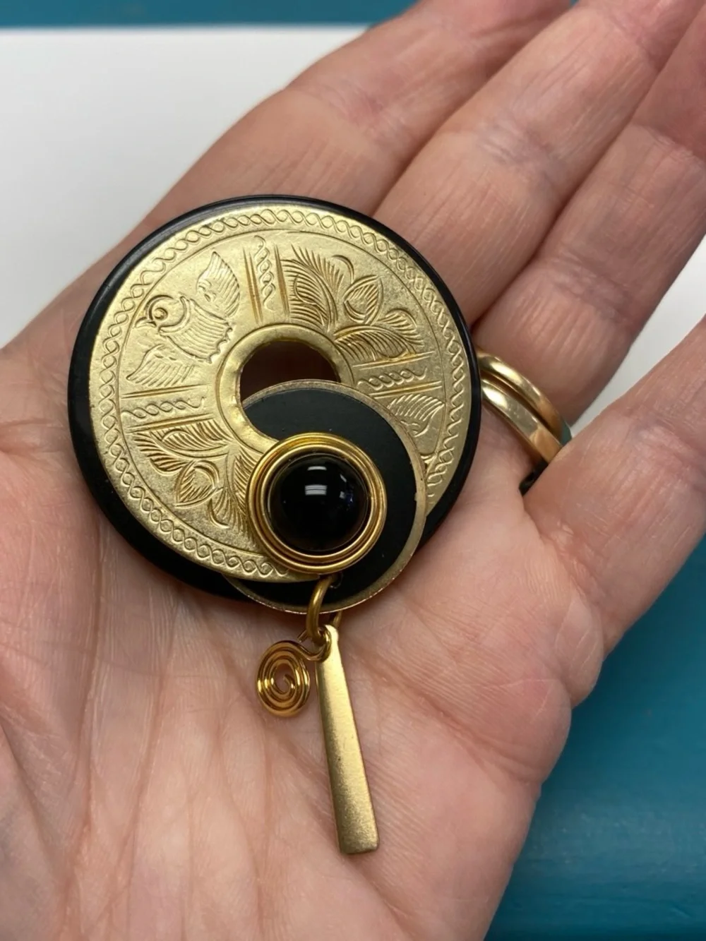 Gold and Black Circular Yin-Yang Pendant Brooch